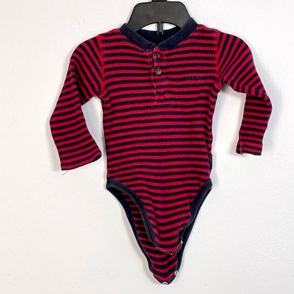 OshKosh B’gosh Vintage Boys Navy Blue Red Striped Long Sleeve Onesie 12M - Picture 1 of 10